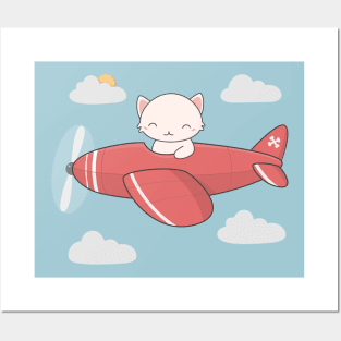 Kawaii Cute Flying Pilot Cat Posters and Art